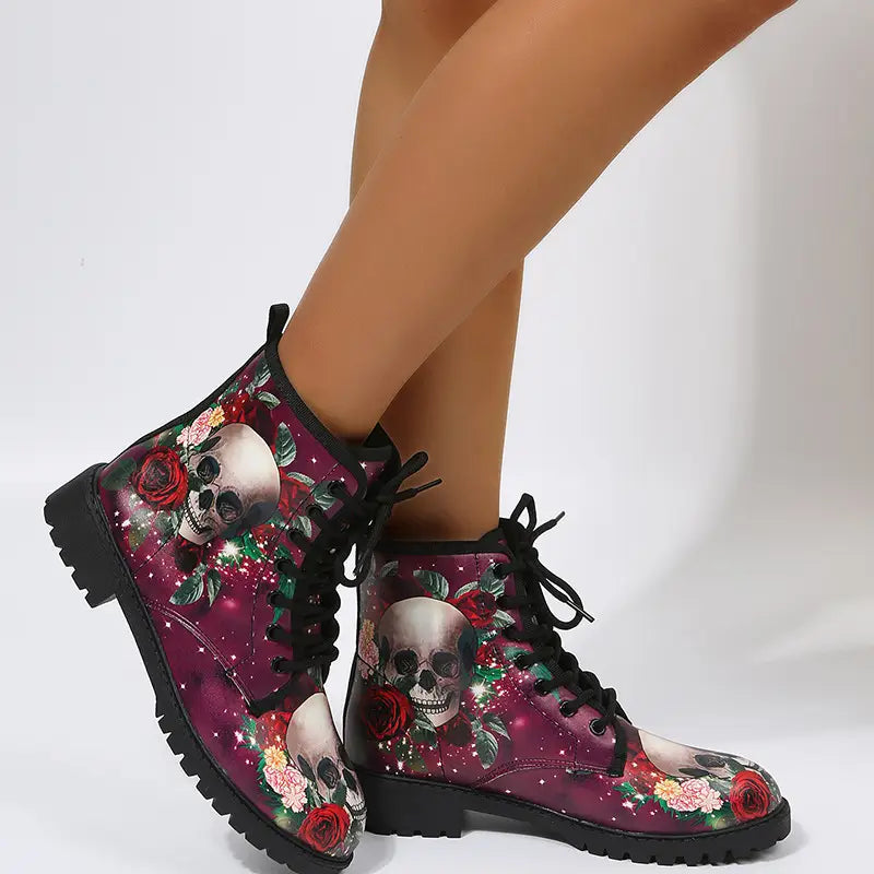 Lovemi - Halloween Shoes Rose Flower Print Lace-up Ankle