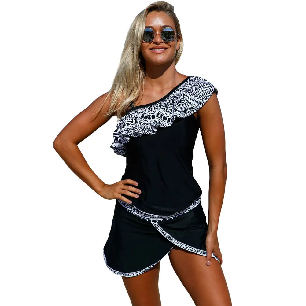 Lovemi - Geometric Print Ruffled Beach Skirt Split Swimsuit