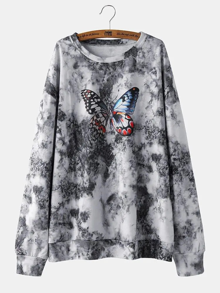 Lovemi - Butterfly Print Long-Sleeved Round Neck Bottoming