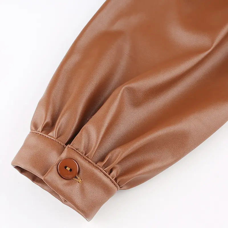 Lovemi - Long Puff Sleeve Turn Down Collar Women Leather