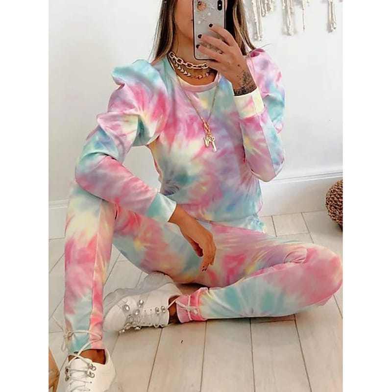 Lovemi - Tie-Dye Printed Round Neck Long-Sleeved Casual Suit