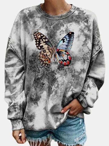 Lovemi - Butterfly Print Long-Sleeved Round Neck Bottoming