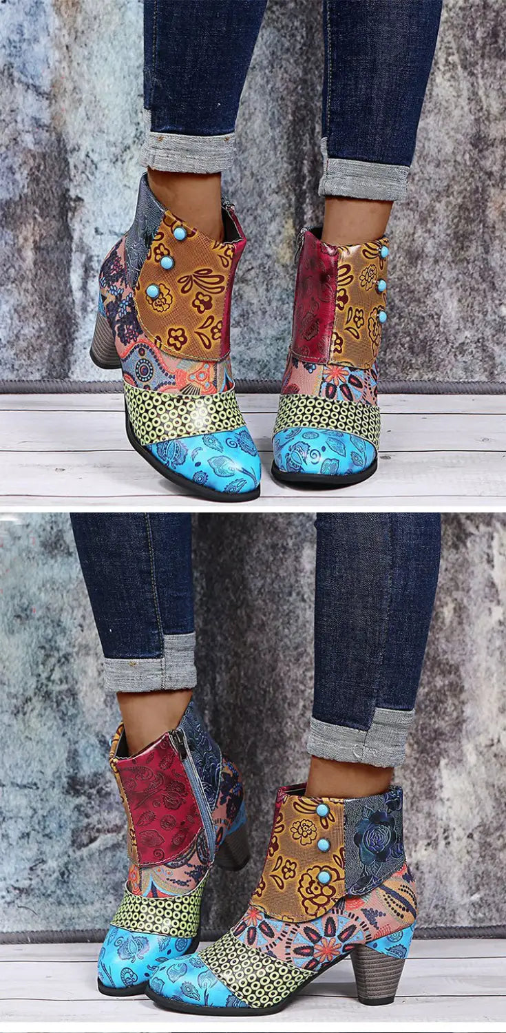 Print Ankle Boots Chunky Mid Heel Boots Women Side Zipper
