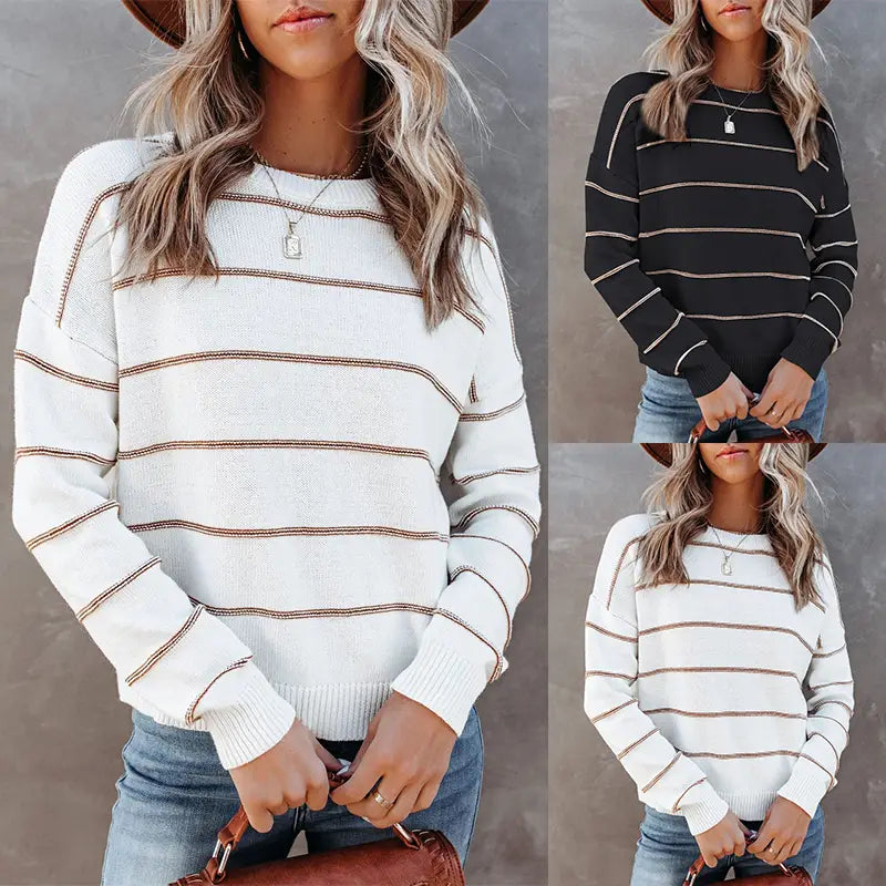 Lovemi - New Women Round Neck Striped Long Sleeve Pullover