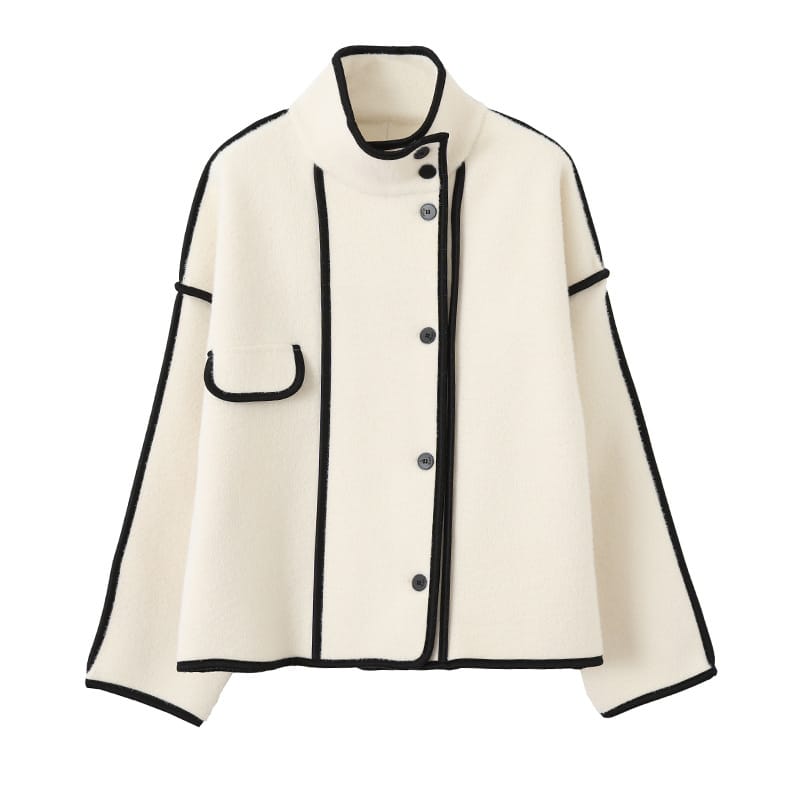 Lovemi - Contrasting Hem Stand Collar Cropped Coat