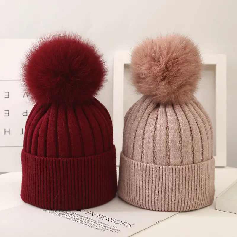 Lovemi - Boys And Girls Woolen Fox Fur Ball Knit Hat