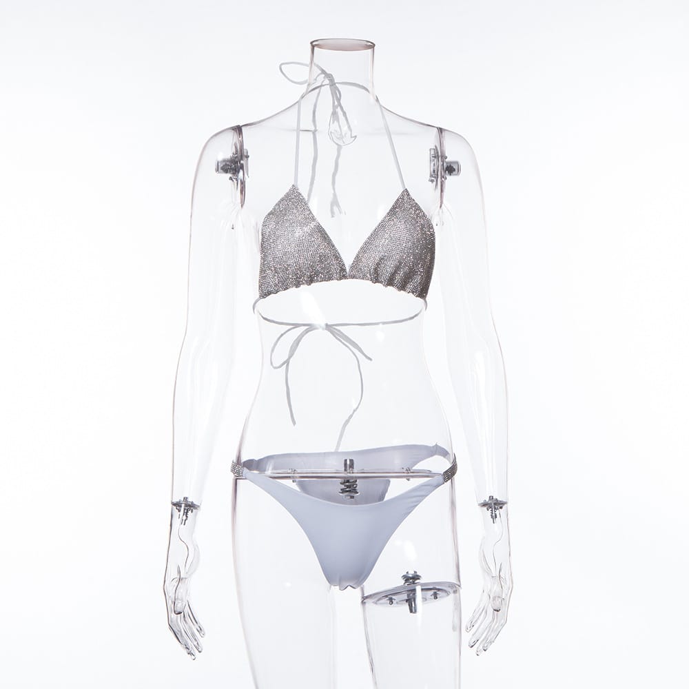 Lovemi - Solid Color-studded Bikini Split Swimsuit