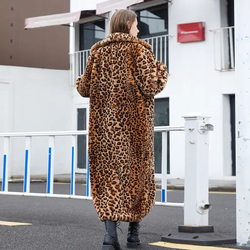 Lovemi - Faux Fur Leopard Print Rabbit Fur Super Long Suit