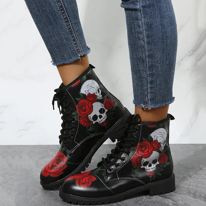 Lovemi - Halloween Shoes Rose Flower Print Lace-up Ankle