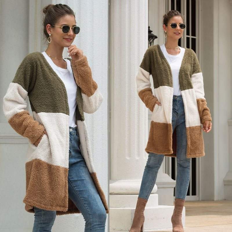 Lovemi - Manteau cardigan en laine d'épissage féminin tricolore