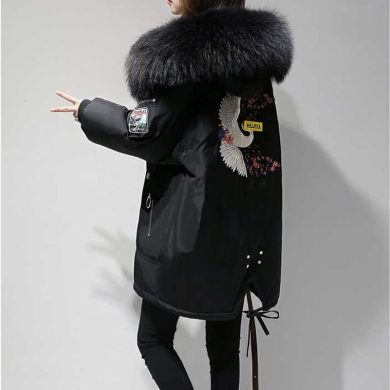 Lovemi - Mid-length Large Fur Collar Down Coat Plus Size