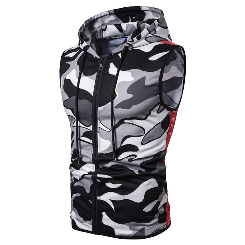 Lovemi - Zipper Hooded Sleeveless Camouflage Printed Fitness