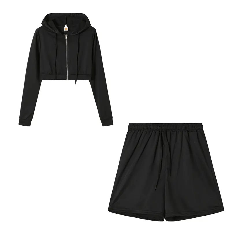 Lovemi - Knitted Hooded Zipper Sports Shorts Suit