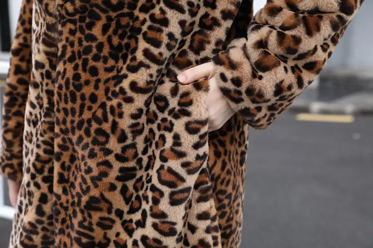 Lovemi - Faux Fur Leopard Print Rabbit Fur Super Long Suit