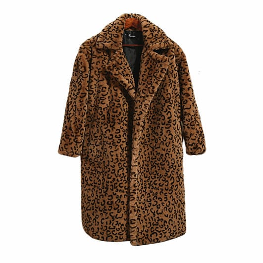 Lovemi - Leopard print oversized suit collar fur coat