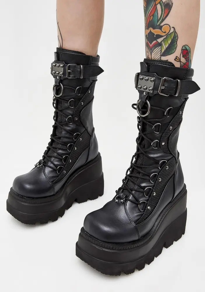 Lace-Up Combat Boot Motorcycle Black Bucke Chunky Boots For