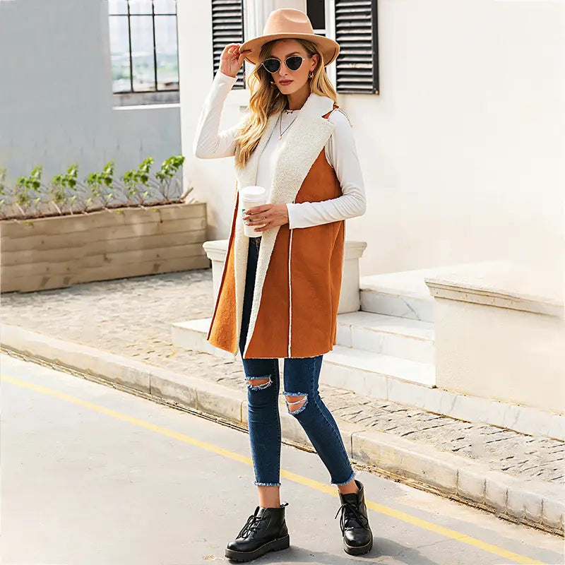 Lovemi - Sleeveless Simple Large Lapel Jacket Fashion