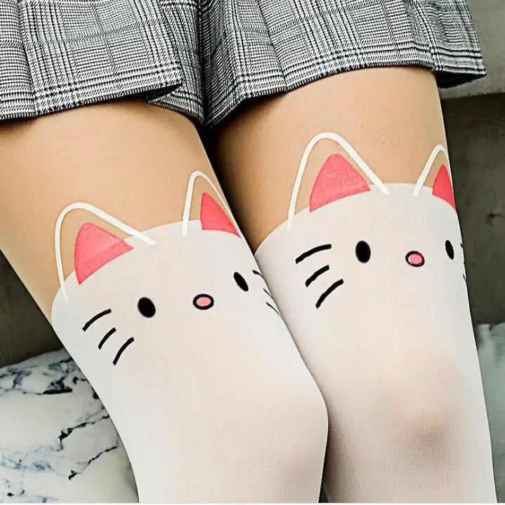 Printed stitching white cartoon stretch stockings