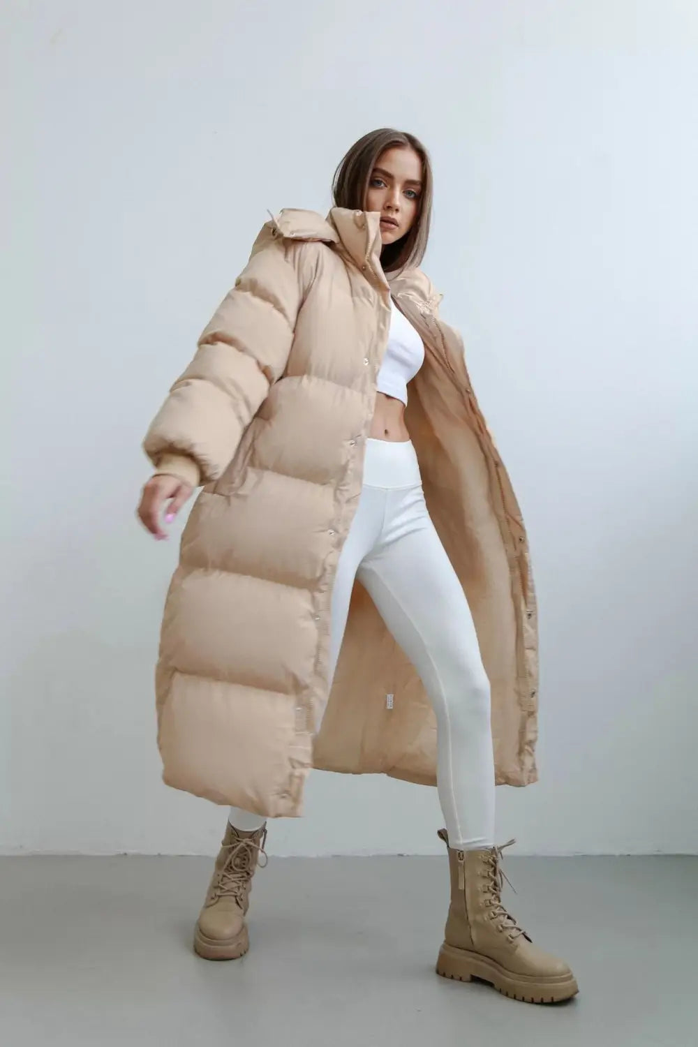 Lovemi – Lange, lockere, warm wattierte Jacke mit Kapuze und Reißverschluss