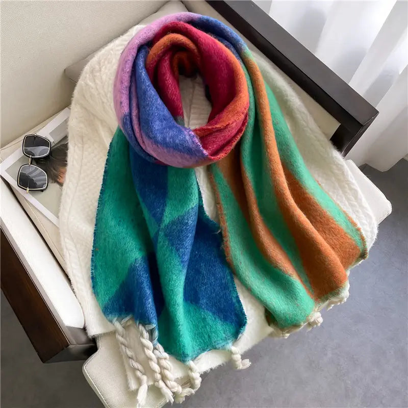 Thickened Warm Geometric Triangle Color Matching Scarf In