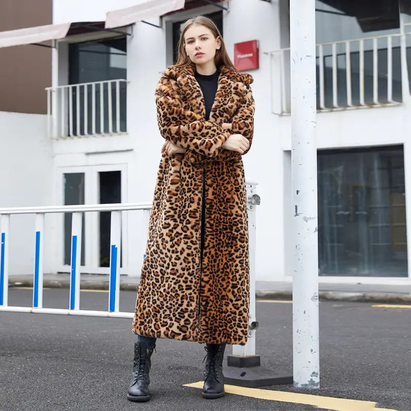 Lovemi - Faux Fur Leopard Print Rabbit Fur Super Long Suit