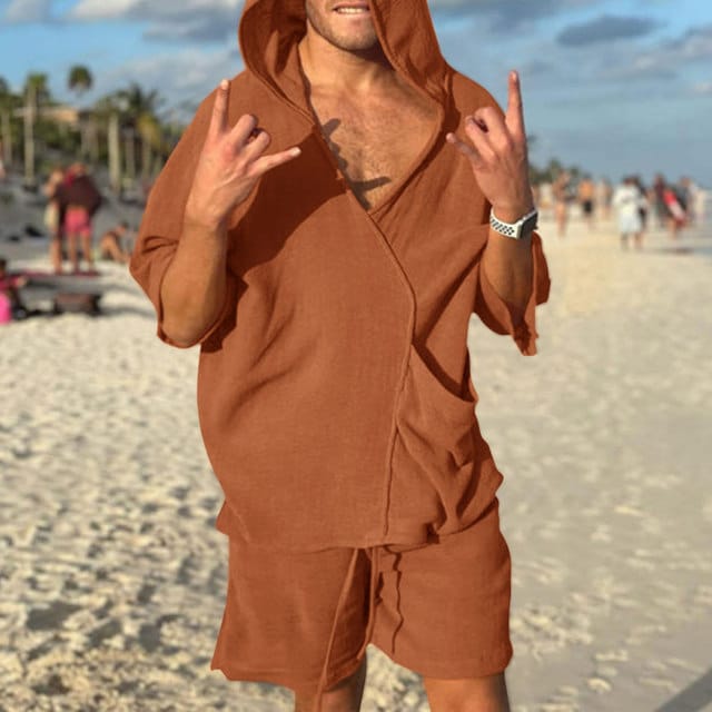 Lovemi - Costume de vacances ample à capuche avec poche pour hommes deux pièces