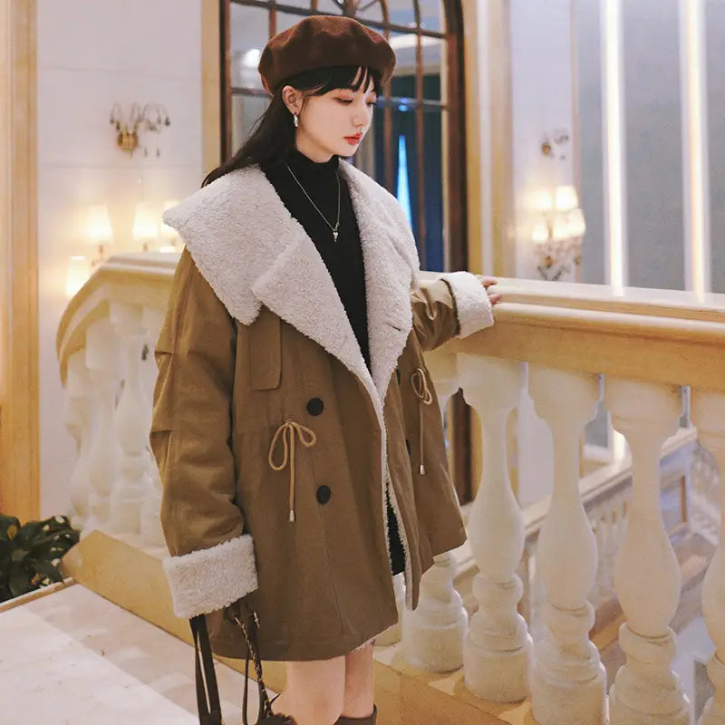 Lovemi - Nouveau manteau d'hiver mi-long en laine d'agneau avec large