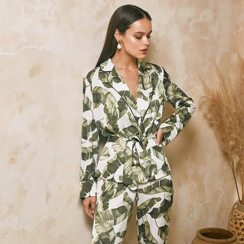 Lovemi - Banana Leaf Print Women’s Pajama Set Long Sleeve