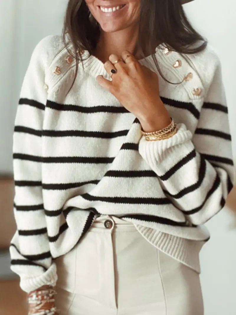Lovemi - Striped Sweater Pullover Shoulder Button Sweater