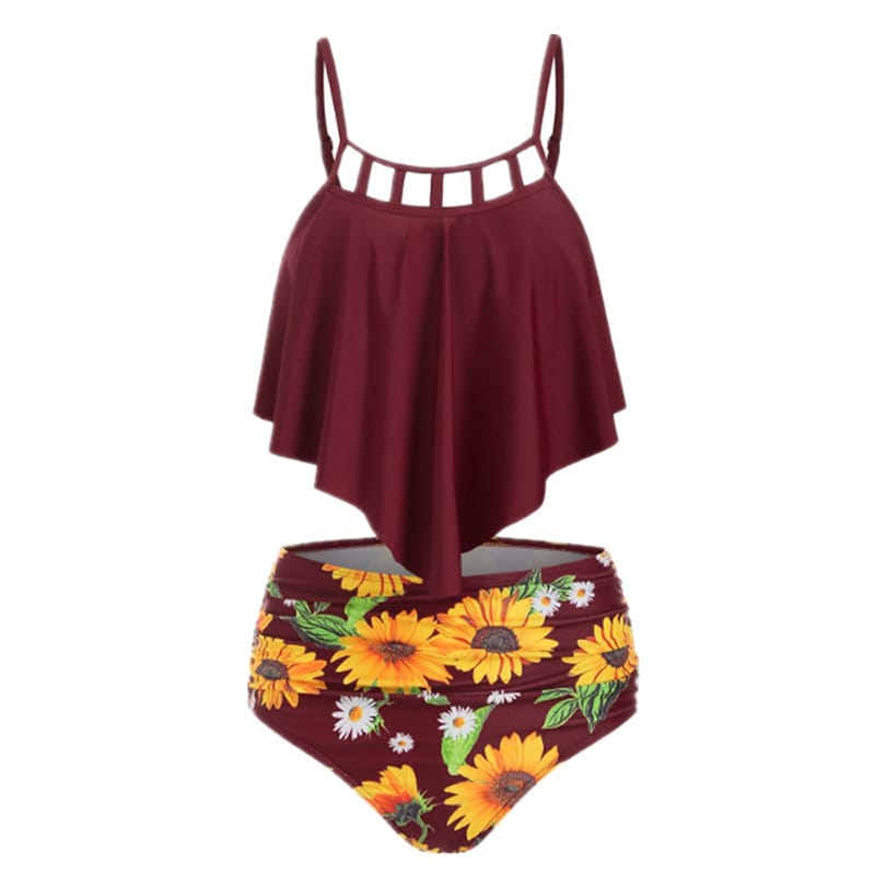 Lovemi – Hoch sitzender europäischer Bikini mit Rüschen und Sonnenblumenmuster