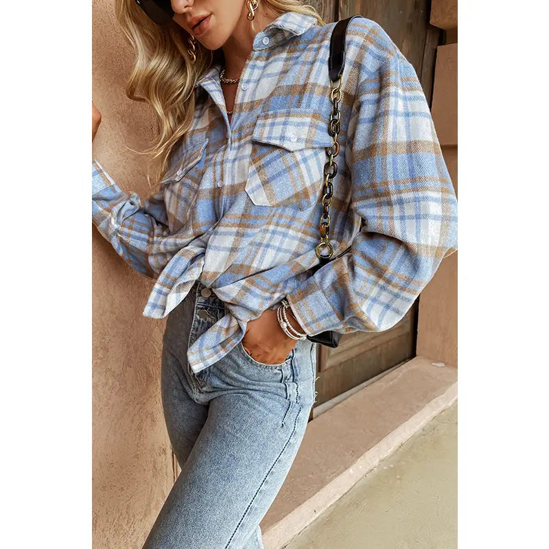 Lovemi - Plaid Shirt Women Bf Style Simple Stand-Up Collar