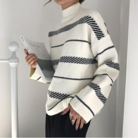 Lovemi - Retro sweater turtleneck striped sweater