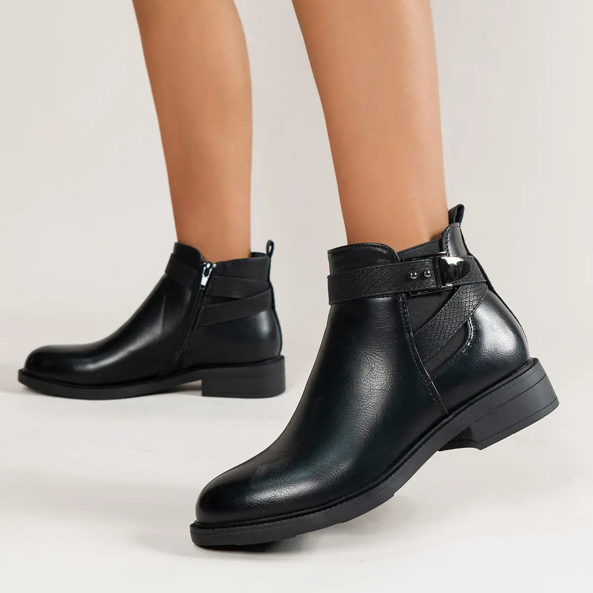 Chelsea Boots Women Black Ankle Boots Side Zipper Buckle