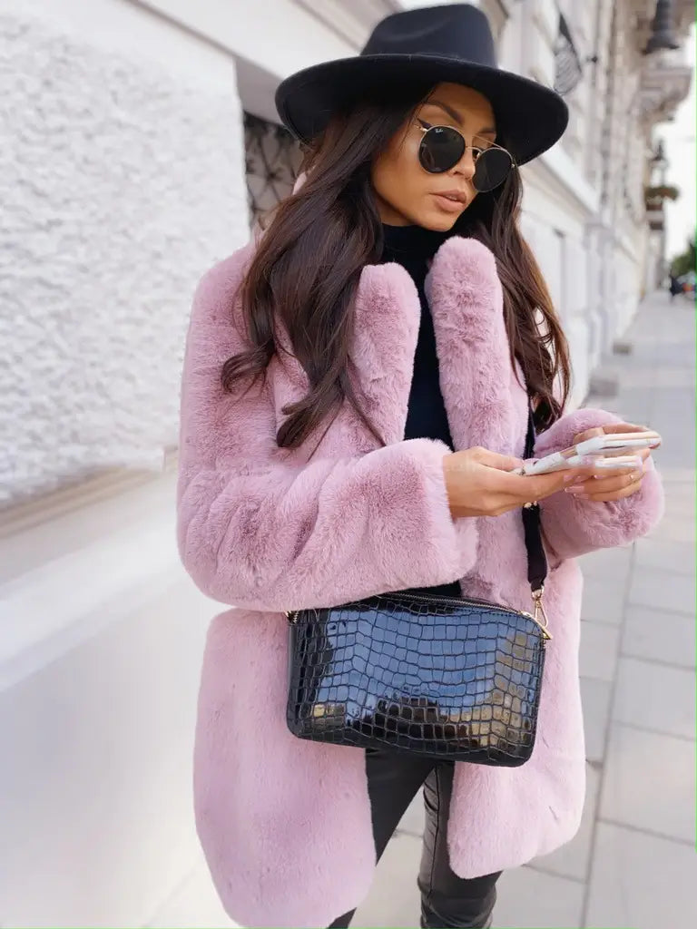 Lovemi - Pure Color Warm Slim Coat Women Fur