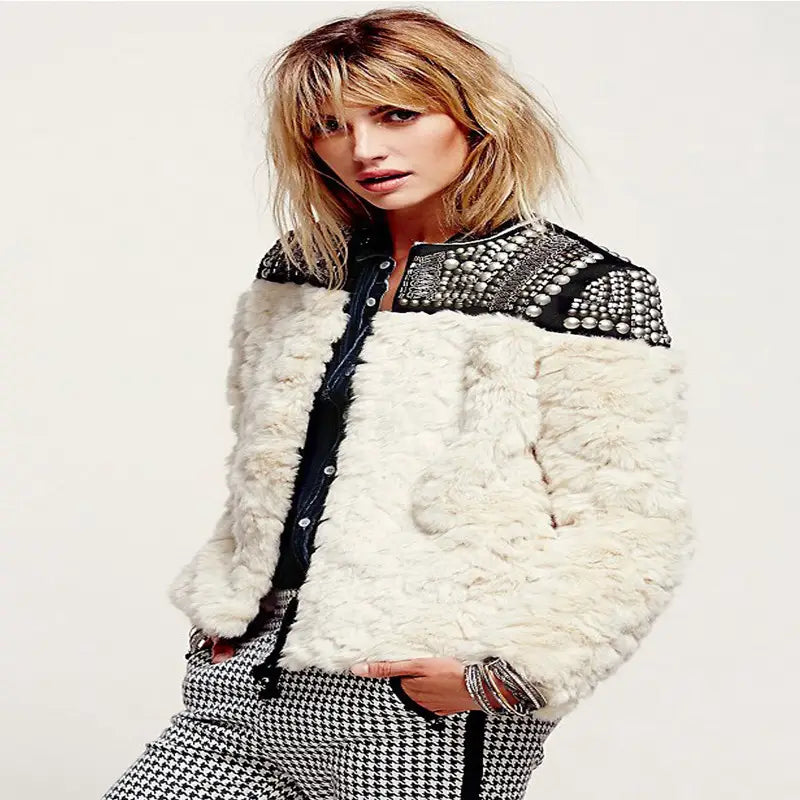 Lovemi - Lamb Wool Beaded Fur Short Coat Thickened Cashmere
