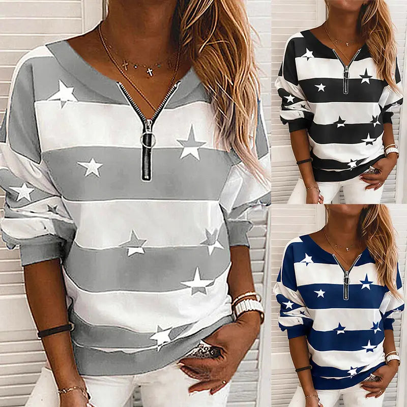 Lovemi - Striped Printed Long-Sleeved Zipper Loose Casual