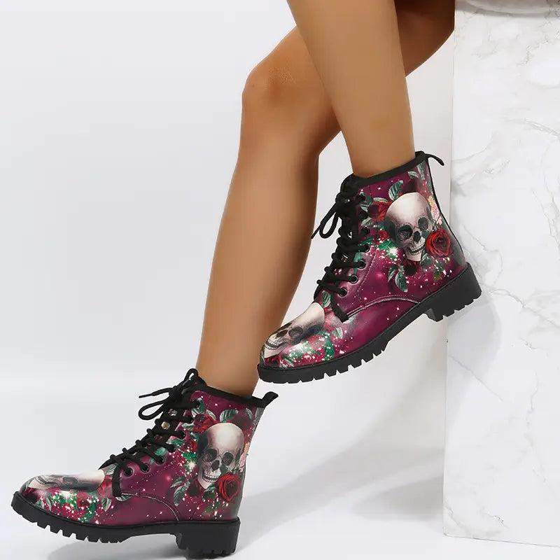 Lovemi - Halloween Shoes Rose Flower Print Lace-up Ankle