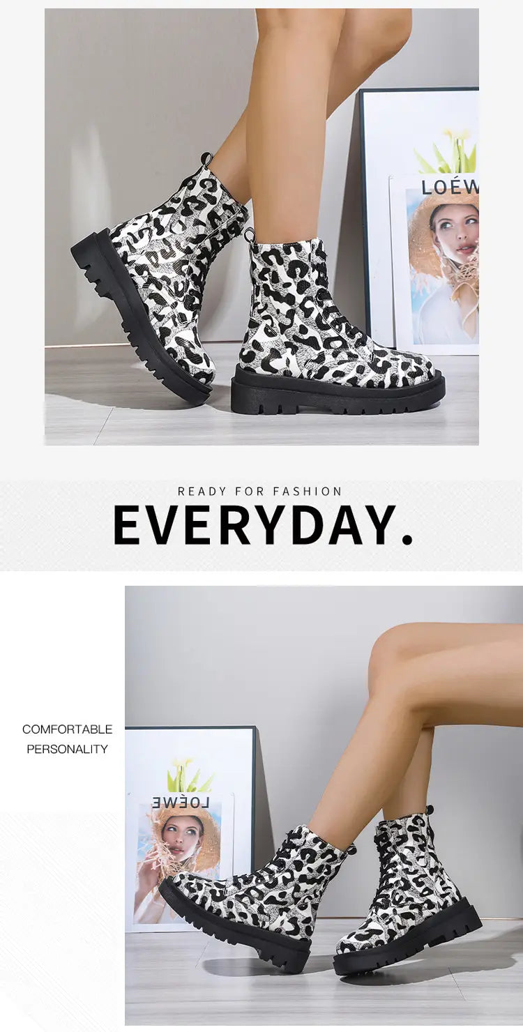 Bottes Martin pour femmes, chaussures à talons bas, imprimé léopard noir et blanc