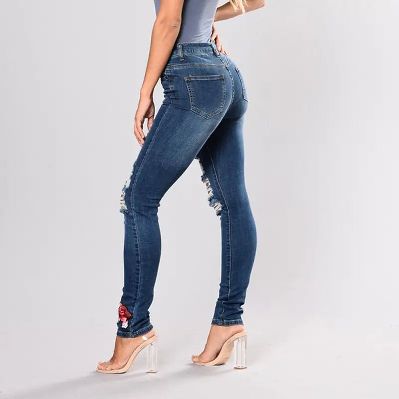 Lovemi - Embroidery jeans stretch jeans pants