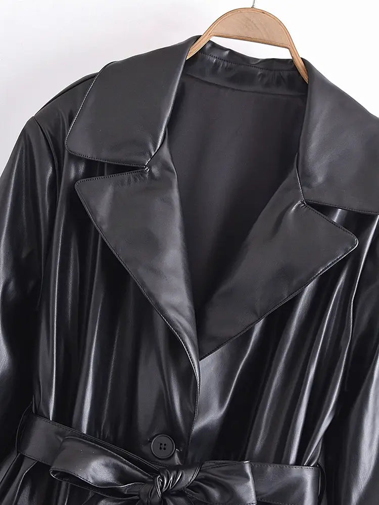 Lovemi – Stilvoller Trenchcoat aus Kunstleder mit Gürtel