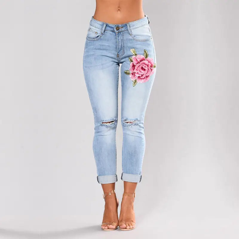 Lovemi - Embroidery jeans stretch jeans pants