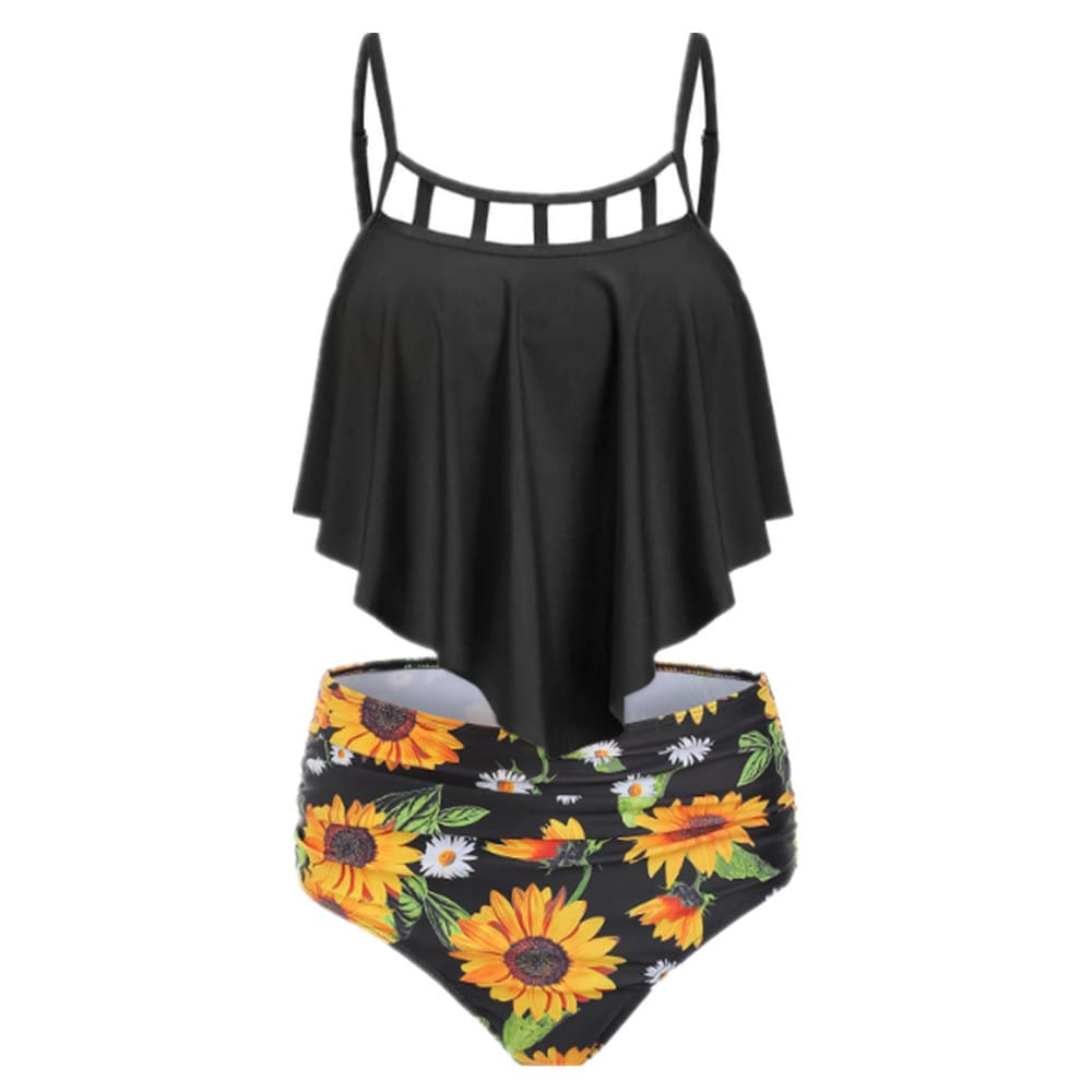 Lovemi - Ruffled Sunflower-print High-rise Bikini European