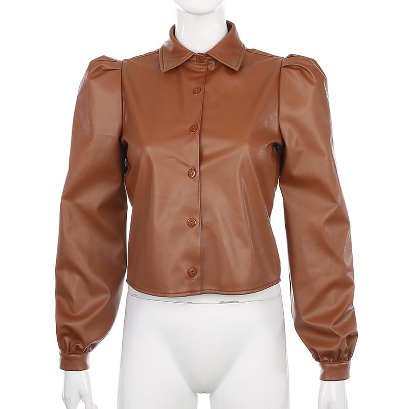 Lovemi - Long Puff Sleeve Turn Down Collar Women Leather