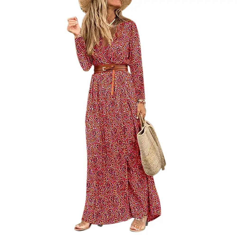 Lovemi - Long Sleeve V-Neck Boho Floral Dress