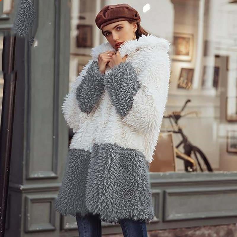 Lovemi - Color contrast stitching casual fashion Plush coat