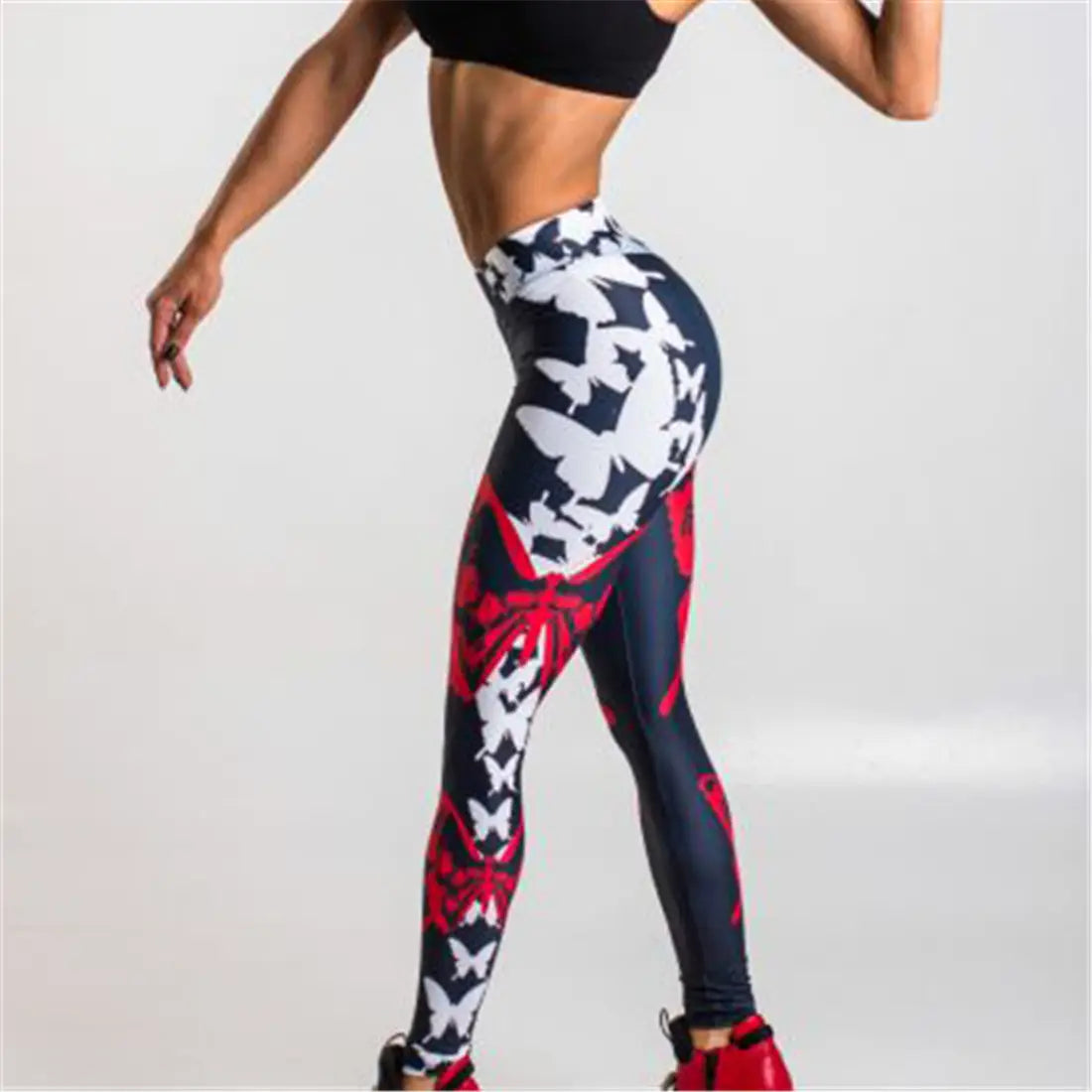 Lovemi - Rote Schmetterlings-Print-Leggings für Damen, Sport-Yoga