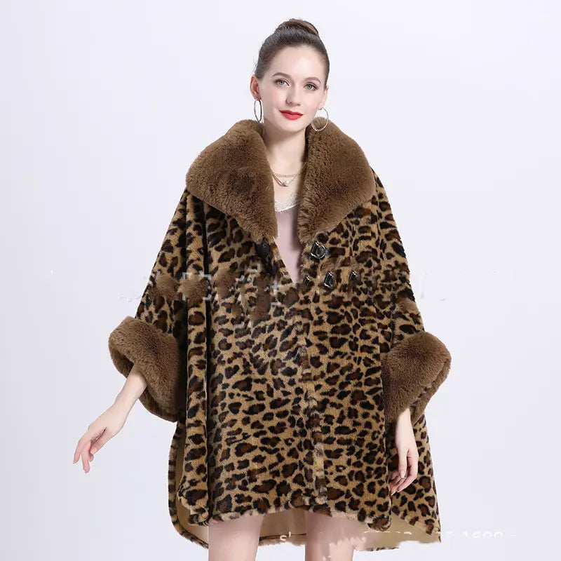 Lovemi - Leopard Print Big Hair Leader Mouth Cardigan Cape