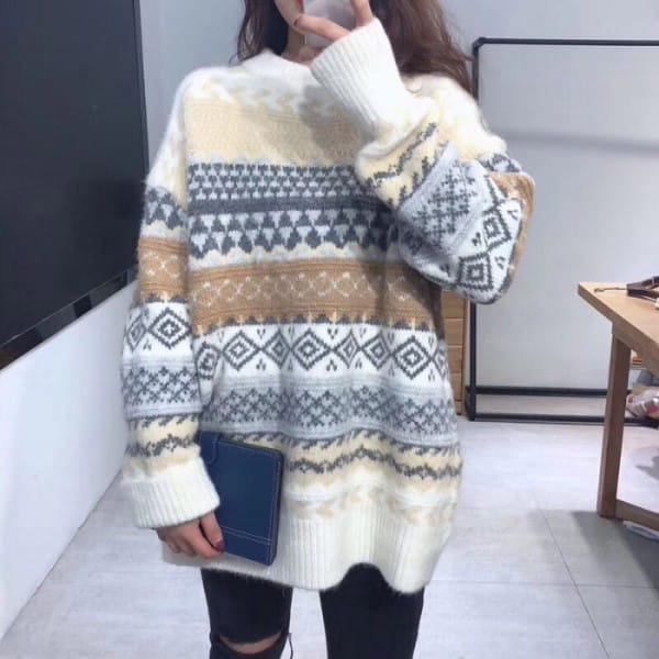Lovemi - Rhomboid Round Neck Sweater Women’s Pullover