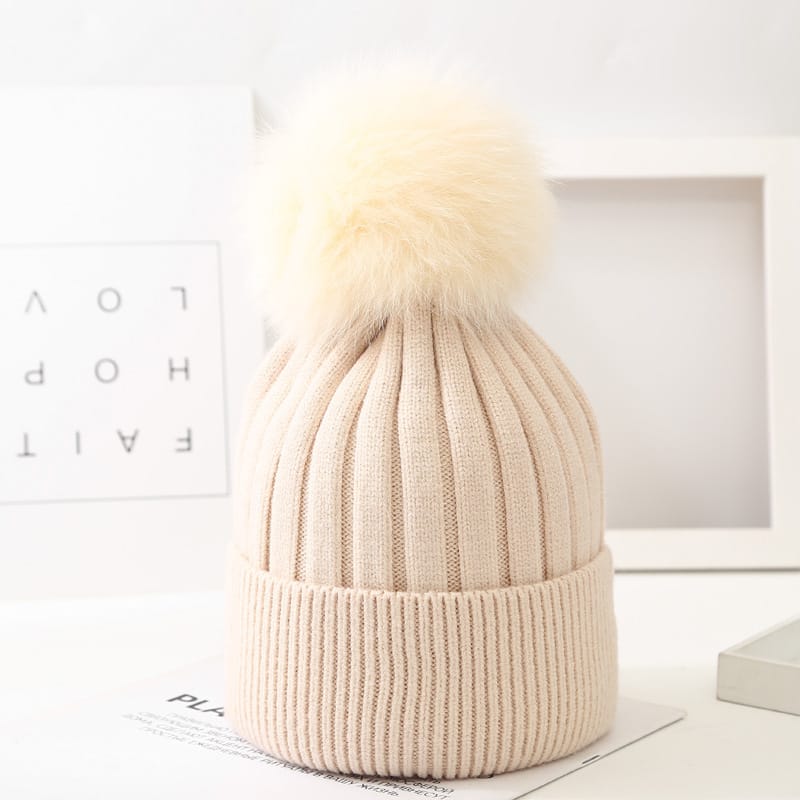 Lovemi - Boys And Girls Woolen Fox Fur Ball Knit Hat