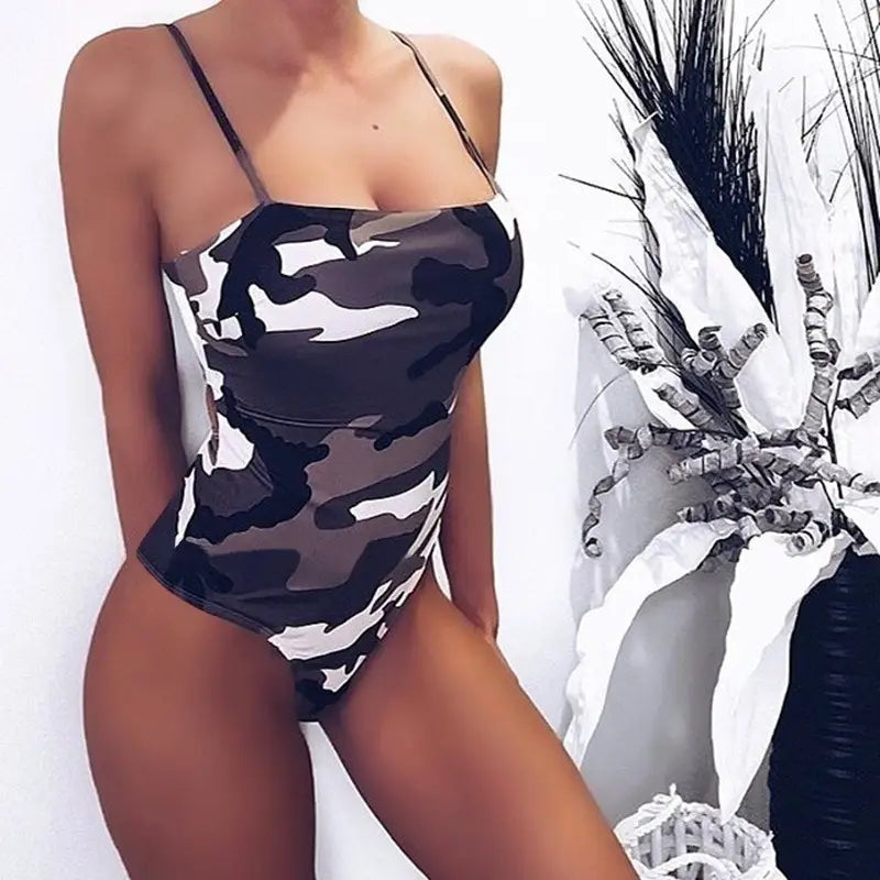 Lovemi - Slim-Fit Suspender Camouflage One-Piece Swimsuit